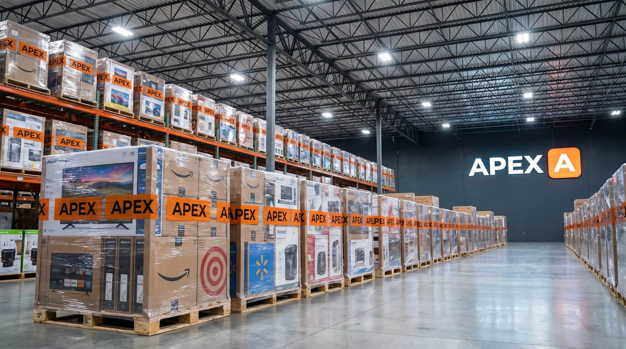 APEX liquidation warehouse stacked with shrink-wrapped pallets of overstock electronics and appliances